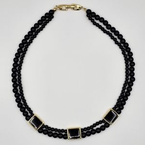 Vintage Napier Gold Tone Black Beaded Double Strand Choker Necklace Signed 16"